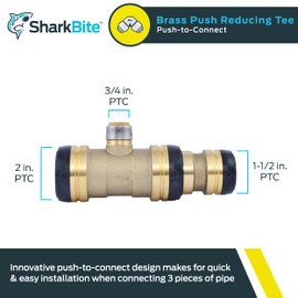 SharkBite 2 Inch x 1-1/2 Inch x 3/4 Inch Reducing Tee, Push To Connect Brass Plumbing Fitting, PEX Pipe, Copper, CPVC, PE-RT, HDPE, UXL08544122