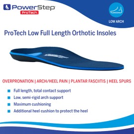 PowerStep ProTech Low Arch Orthotic Inserts - Overpronation & Plantar Fasciitis Inserts for Rigid Arch Support - Medial Grade Orthotics for Low Arches + Flat Feet (M 7-7.5 W 9-9.5)