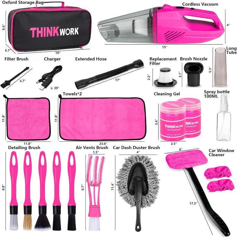【Mother's Day】THINKWORK Pink Portable Vacuum Cleaner Kit with 8000PA Cordless