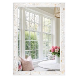 DUQIMO Mosaic Mirrors for Wall 20x28 Inch, Natural Mother of Pearl Inlay White Framed Rectangle Mirror for Bathroom, Bedroom or Entryway