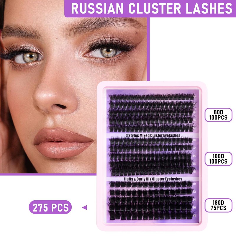 Russian Cluster Lashes,80D+100D+180D Individual Eyelashes D Curl Cluster Lashes,Fluffy 10-18mm