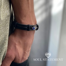 Soul Statement Men's Black Hamsa Hand Evil Eye Bracelet for Men, Leather Wrap Adjustable Handmade String Bracelet (Black Hamsa Hand)