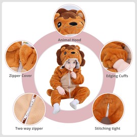 COOKY.D Newborn Baby Girl Boy Hooded Romper Bodysuit Autumn Winter Warm Flannel Animal Outfits Pajamas Cosplay Costume 12-18 Months,Brown Lion