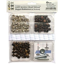 Yline Assortment of 72 Rivets 9 mm Silver Antique Copper Antique Brass with Tool (Hollow Rivets) in SB Pack, 3079