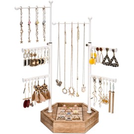 Emfogo Jewelry Organizer Stand - 6 Tier Jewelry Holder with Adjustable Height Necklace Holder Organizer Display & Storage for Earrings Ring Bracelet (White Pole)