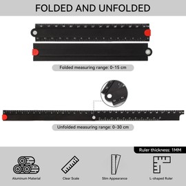 30cm Folding Ruler, 90° Foldable Metal Aluminum Ruler 0-300mm Length Fold Straight Angle Measure Stationery Ruler Black for Machine-Made Glass Making