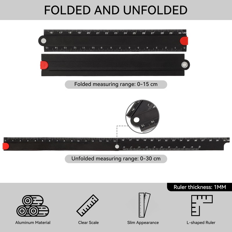 30cm Folding Ruler, 90° Foldable Metal Aluminum Ruler 0-300mm Length