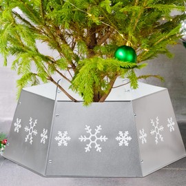 FORUP Metal Christmas Tree Ring, Christmas Tree Collar with Printed Snowflake, Christmas Tree Skirt Base Stand for Christmas Tree Decorations (Silver)