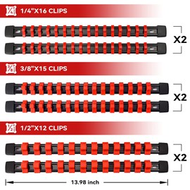 ALOANES 12 PC ABS Socket Organizer,1/2 inch, 3/8 inch, and 1/4 inch Drive Socket Rail Holders, Heavy Duty Socket Racks, Black Rails with Red Clips
