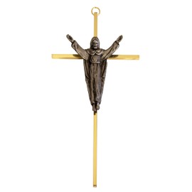 10" Wall Cross | Great Gift for Baptism, First Communion, Confirmation, Weddings | Simple Christian Home Décor | Made in the USA (Gold-tone with Silver-tone Risen Christ)