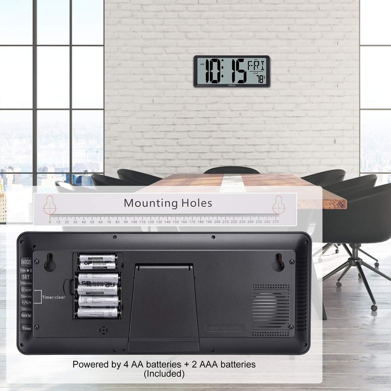 XREXS Large Digital Wall Clock, Battery Operated Alarm Clocks for