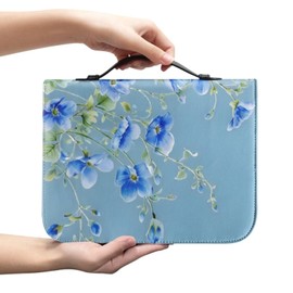 Generic Bible Cover PU Leather Book Protector Case with Handle, Zipper, Pockets & Pen Slots,Bible Cases for Women Girls,Blue Floral 2,L