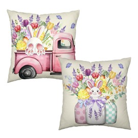 Easter Outdoor Throw Pillow Covers 18x18 Set of 2 Easter Bunny Eggs Flowers Truck Pillow Covers Spring Easter Rabbit Tulips Lavender Floral Cotton Linen Pillow Cases for Farmhouse Living Room Decor
