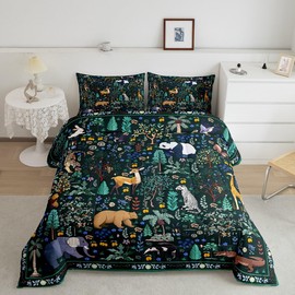 Feelyou Jungle Bedding Set for Kids Boys Girls Cabin Bear Tiger Deer Elephant Duvet Quilt Queen Size Cute Pada Leopard Woodland Green Botnaical Comforter Set Bedroom Decor Wild Animals Black 3Pcs