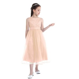 YiZYiF Kids Girl's Sequined Wedding Bridesmaid Formal Birthday Party Flower Girl Dress (7-8, Sequined Lace Light Peach)