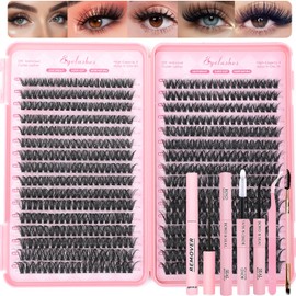 Lash Clusters Kit, 640 Pcs Eyelashes Clusters Extensions Kit 9-16mm Individual Lashes D Curl Fluffy Wispy False Eyelashes Thin Band, with Bond Seal Tweezers Brush DIY (60D-80D Kit)