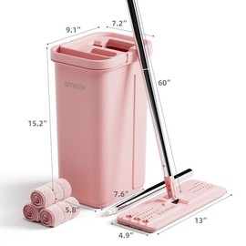 JOYMOOP 50“ Mop and Bucket with 3 Reusable Microfiber Pads Hands Free Flat Squeeze Mop with Wringer Set with Long Handle，White:_60'' pink mop with 5 pads