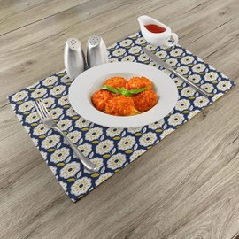 ABAKUHAUS Flowers Place Mats, Eight Petal Flowers, Washable Fabric Dining Room Kitchen Table Decoration Digital Print, Dark Blue Mustard