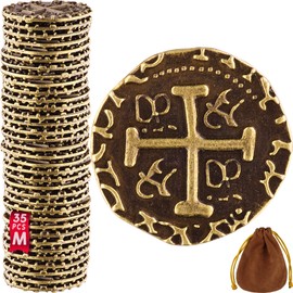 Metal Pirate Coins, 35 Medium Bronze Treasure Coin Set, Metal Replica Spanish Doubloons for Board Games, Tokens, Toys, Cosplay, Realistic Money Imitation, Pirate Treasure Chest, Diameter: 7/8"