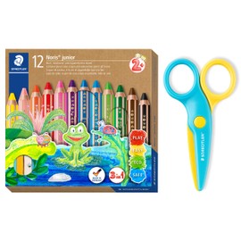 Staedtler Noris Junior 3-in-1 Colouring Pencils and Safety Scissors, Colourful, Wax Crayon and Watercolour Pencil, Ideal for Toddlers, Cuts Paper Only, 12 Colours, Sharpener and Safety Scissors, 140