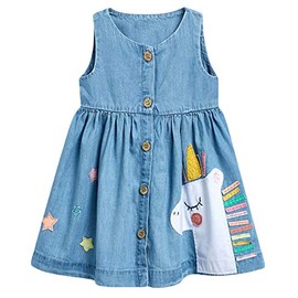 Toddler Girl Dress Summer Sleeveless Cotton Casual Blue Unicorn Imitation Denim Shirt Dresses 3T