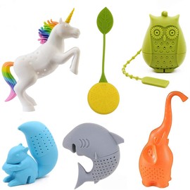 Konrisa Juego de 6 infusores de té de silicona, creativos animales filtro de té con hojas sueltas, infusor de té para amantes del té, incluye unicornio, búho, elefante, tiburón, ardilla, limón