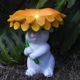 AMOYYT Solar Garden Decor Bunny Garden Statue Resin Sunflower Rabbit Statue with Bird Feeder Patio Decor Bunny Figurines with Lights Yard Decorations for Mom 8.25 * 8.25 * 9.25 in