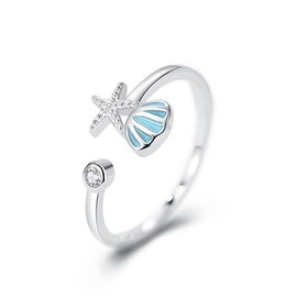 CZ Starfish Shell 925 Sterling Silver Ring for Women Adjustable Dainty Bohemian Silver Plated Blue Sea Shell Ring Cute Lovely Statement Summer Beach Accessories Birthday Cocktail Finger Ring Jewelry