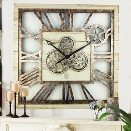 ImprovingLife The Gears Clock 24'' Inch Square Real Moving Gear Wall Clock Vintage Industrial Oversized Rustic Farmhouse (Desert Beige)