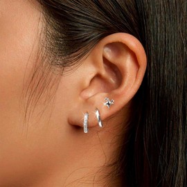 Kenivira 3 Pairs Sterling Silver Stud Hoop Earrings Set for Women,Small Hoop Earrings with Cubic Zirconia,Hypoallergenic Earrings Cartilage Earring Set for Multiple Piercing