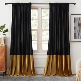 Velvet Curtains 108 inches Long for Living Room Blak Gold,2 Panels Blackout Curtains Modern Color Block Back Tab Rod Pocket Soundproof Drapes for Bedroom Window Decor