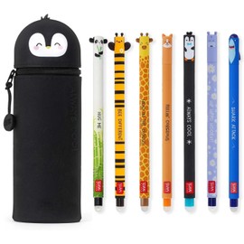 LEGAMI - Set of 7 Erasable Gel Pens + Penguin 2-in-1 Pencil Case - with Thermosensitive Erase Ink, Range of ink colours & barrel designs, 0.7mm Tip
