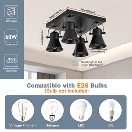 KEESFU 4-Light Square Ceiling Light Fixture with Pull Chain Switch, Black Adjustable Track Lighting,Flush Mount Directional Ceiling Lamp for Foyer Living Room Bedroom Kitchen Dining Area