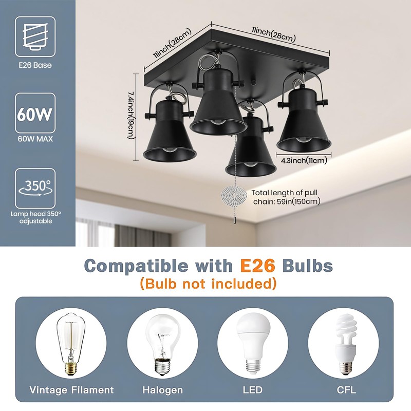 KEESFU 4-Light Square Ceiling Light Fixture with Pull Chain Switch,