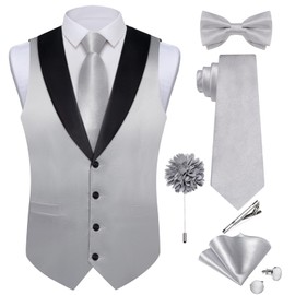 DiBanGu Mens Shiny Satin Vest Tie Set 8PCS Solid Waistcoat and Pre-tied Bowtie Shawl Collar Dress Vest for Wedding Formal, Silver, Medium