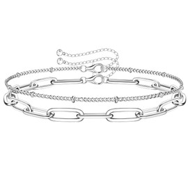 MILACOLATO 925 Sterling Silver Clasp Paperclip Chain Bracelets 14K White Gold Plated Solid Paperclip Chain Women Bracelet Adjustable Layered Satellite Beads Bracelets for Women
