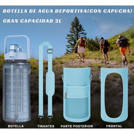 MOYAC Botella Agua con Funda Protectora, Botella de Agua 2 Litros con Pajita, Asa, Correa para el Hombro, Función de Apertura con un Botón, para Fitness, Viajes, Escuela, Oficina (Azul Claro)