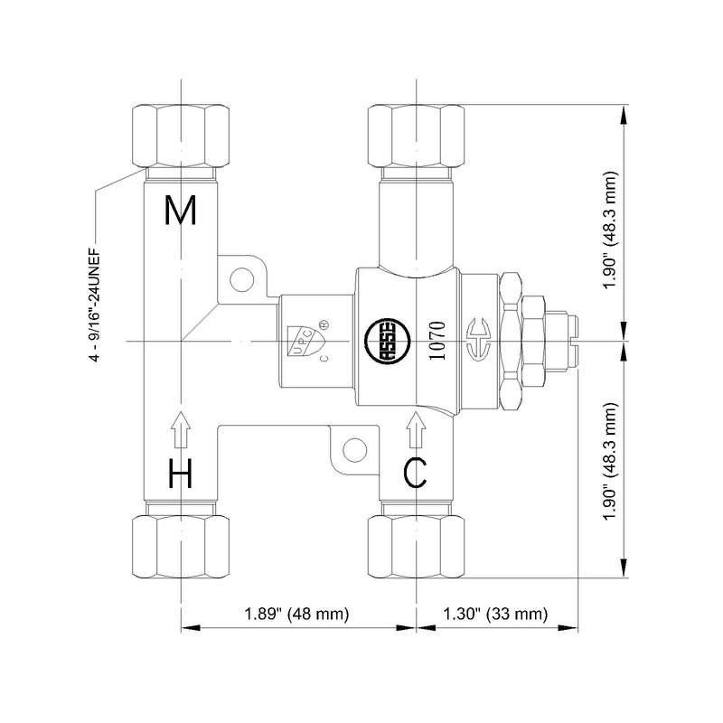 H.C. BT-T40LF-38 Under Counter Thermostatic Mixing Valve, 3/8 inches, Brass