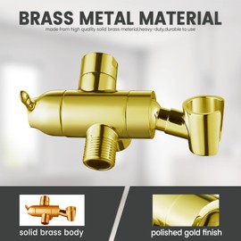 Shower Diverter Valve with Handshower Mount, G1/2 Brass Shower Arm Diverter 3 Way Bathroom Universal Shower System Replacement for Handheld Shower and Fixed Shower Head, Polisded Gold