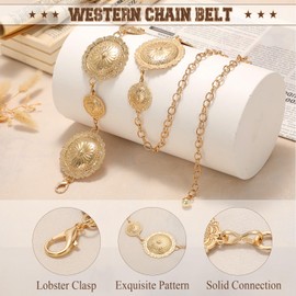 WHIPPY Women Western Metal Concho Belt, Vintage Boho Gold Chain Belts for Women Dresses Jeans Adjustable Cowgirl Waist Chain Country Concert Outfit, Gold(round), Fit waist size below 36"