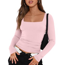 Trendy Queen Womens Long Sleeve Shirts Going Out Basic Crop Tops Fashion Y2k Workout Clothes Square Neck Fall Outfits Pink L