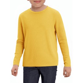 Haloumoning Boys Ribbed Long Sleeve Shirts Kids Casual Crewneck Solid Tops Tees 5-14 Years Yellow