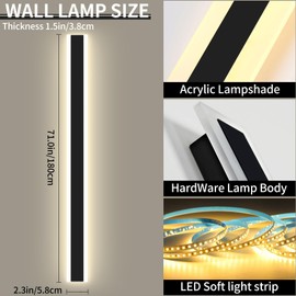 Daoseolo Modern Long Outdoor Wall Light, 71inch Black LED Wall Sconce, IP65 Waterproof, 3000K Warm White, Frosted Acrylic, Linear Wall Mount Light for Patio, Garage, Porch, Gardens