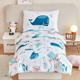 STYHO Ocean Theme Cot Bedding Sets Reversible Whales Toddler Duvet Cover Set Ultra Soft Breathable Blue Under the Sea Duvet Cover for Girls Boys(Whales, Cot Bed)