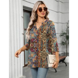 Zeagoo Womens Tunic Tops To Wear With Leggings Floral Blouse 3/4 Length Sleeve Shirts Boho Multicolor M