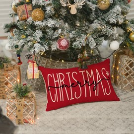 AVOIN colorlife Merry Christmas Red Throw Pillow Cover, 12 x 20 Inch Winter Holiday Cushion Case Decoration for Sofa Couch