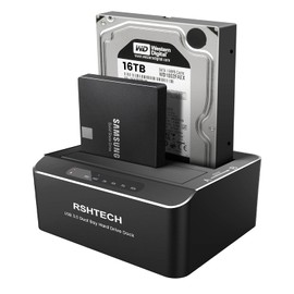 RSHTECH Dual Bay Hard Drive Docking Station, USB 3.0 Aluminium Hard Drives Docking Station Offline Cloning for 2.5 & 3.5 Inch SATA HDD SSD, Supports 2 x 16TB Drives, Tool-Free (RSH-DS01)