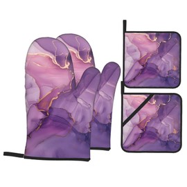 Purple Gold Marble Oven Mitts Pot Holders Set of 4, Kitchen Gloves Potholders Heat Resistant for Chef Baking Cooking Grilling BBQ