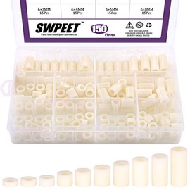 Swpeet - Juego surtido de 150 piezas de separadores redondos, tornillos y tuercas de nailon, separador de plástico nailon PA66 con diámetro exterior (