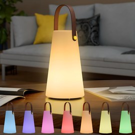 Outdoor Lanterns, GGII Rechargeable Camping Lantern with IP44 Waterproof, Battery Operated Outdoor Portable Cordless Table Lamp with RGB Lights for Patio Balcony Garden (Leather Handle)